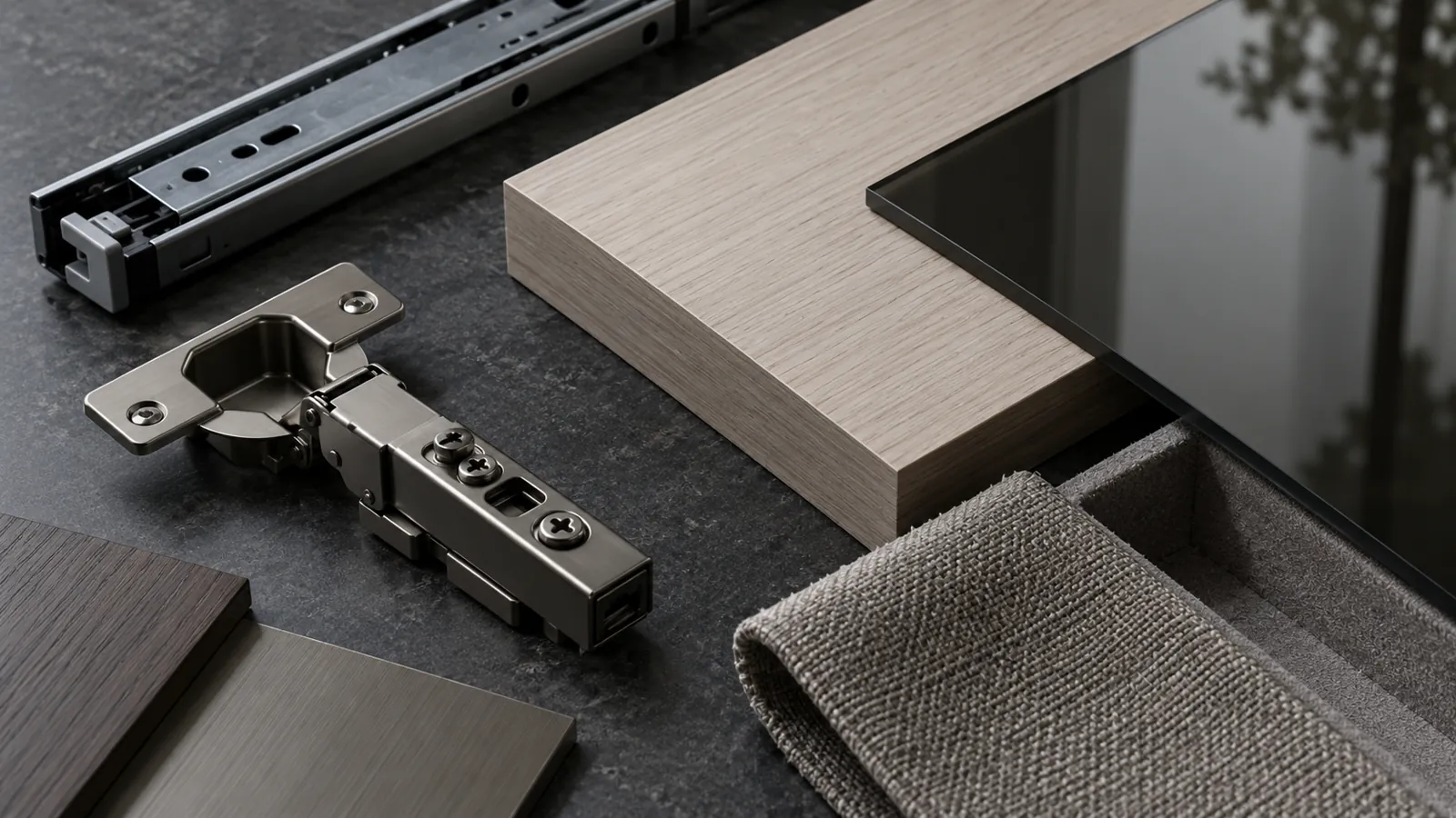 Wardrobe hardware and finish samples on a workshop bench