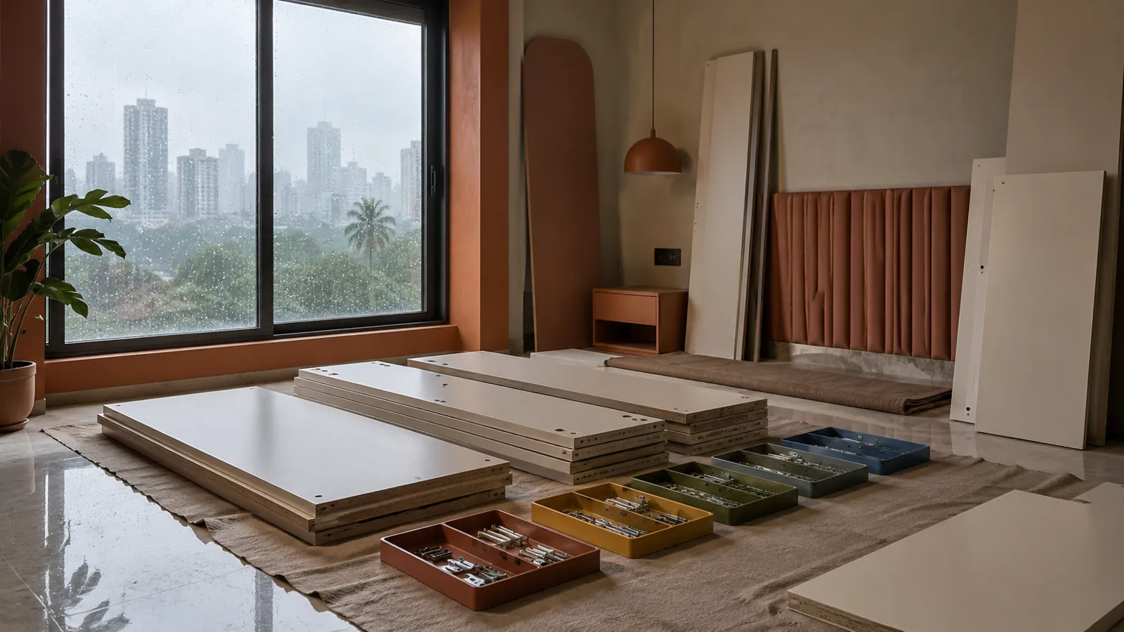 Wardrobe panels staged in a Mumbai bedroom before installation