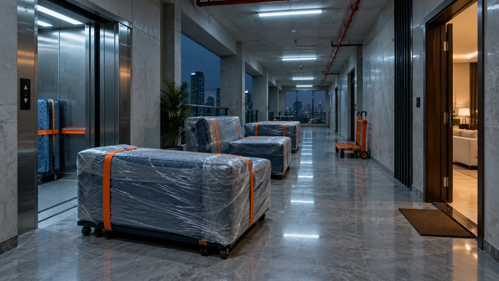 Wrapped bespoke sofa sections aligned with a Mumbai service lift