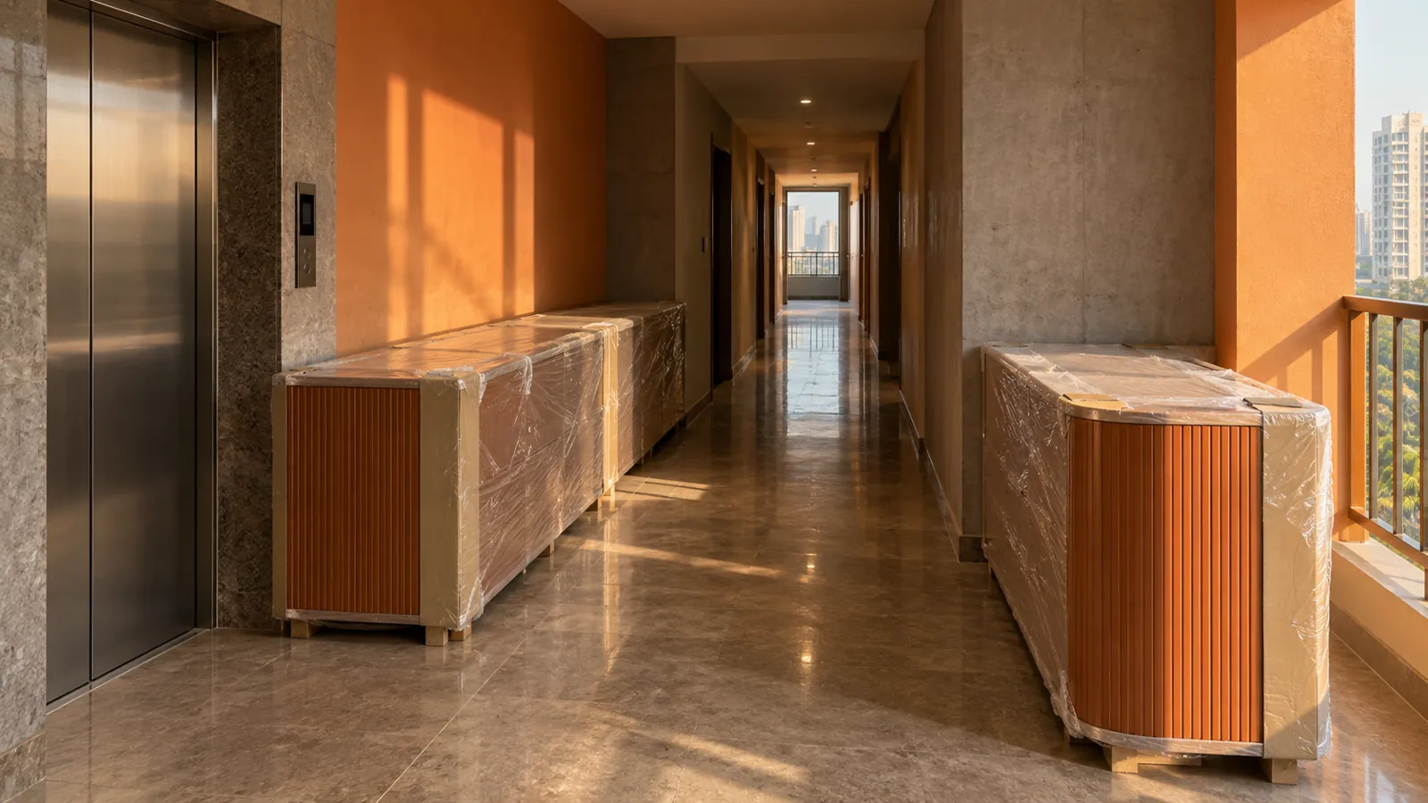 Wrapped custom sideboard modules beside a Mumbai apartment lift
