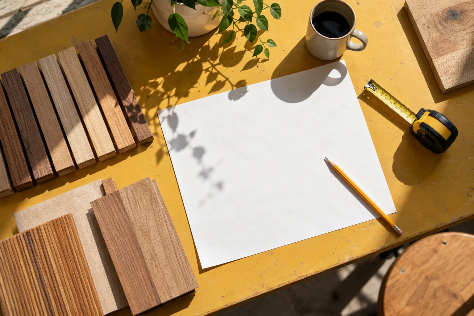 Yellow worktable with timber samples, blank paper, pencil and measuring tape.